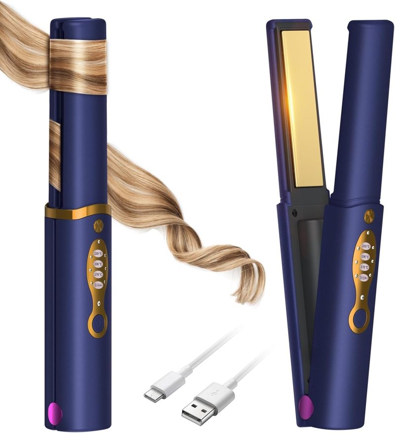 OBEST Cordless Hair Straighteners 2 in 1, Mini Portable Travel Curler Straightener for Women, Fast Heat Up, Anti-Scald 3-Leve...