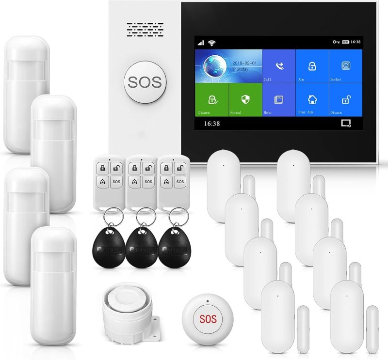 PGST Wireless Home Alarm System, WiFi+GSM, wireless home burglar alarm with 120dB Siren 4.3 Inch touch screen, remote alarm f...