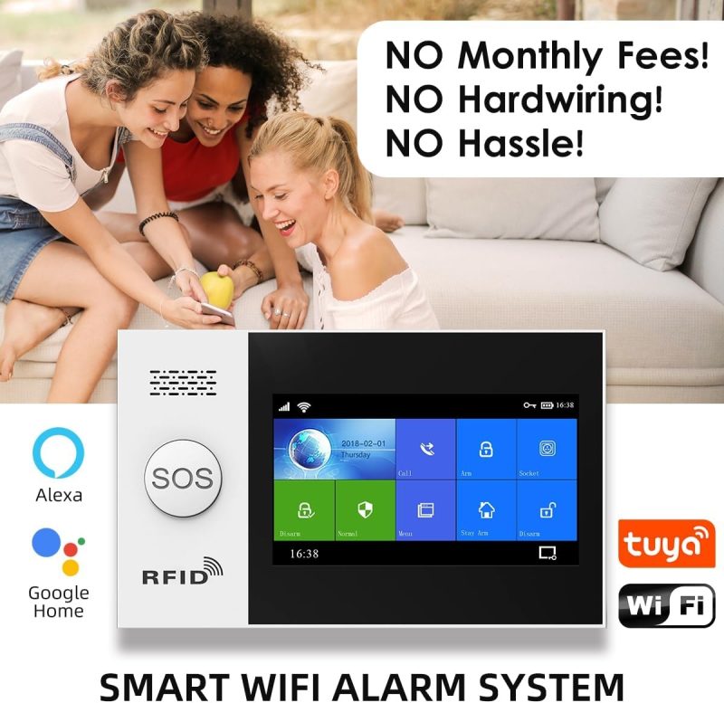 PGST Wireless Home Alarm System, WiFi+GSM, wireless home burglar alarm with 120dB Siren 4.3 Inch touch screen, remote alarm f...