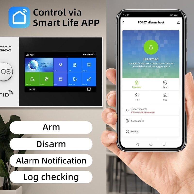 PGST Wireless Home Alarm System, WiFi+GSM, wireless home burglar alarm with 120dB Siren 4.3 Inch touch screen, remote alarm f...