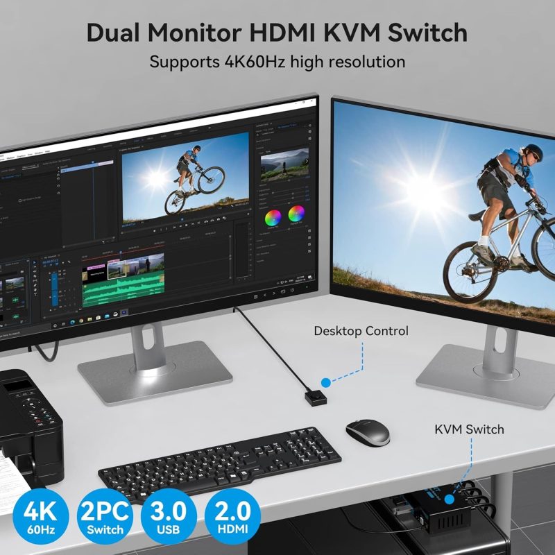 USB 3.0 HDMI KVM switch 2 Monitors 2 Computers 4K@60Hz KVM Swticher 2 Port for 2 PC Share Dual monitor and 4USB Devices Suppo...