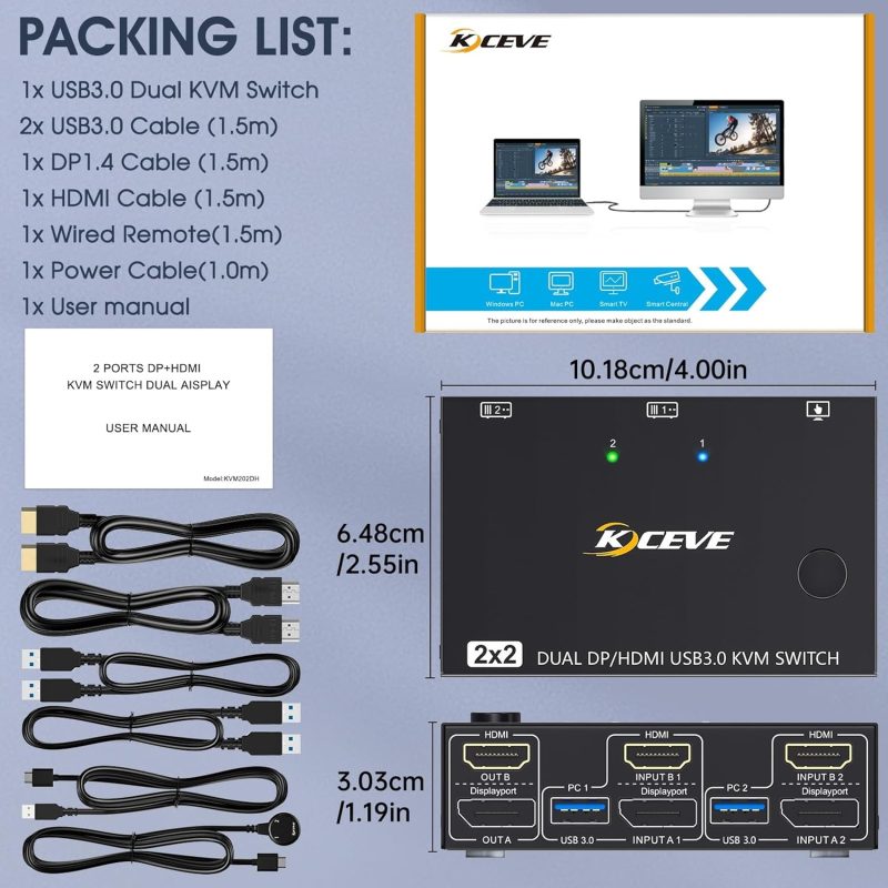 USB 3.0 Dual Monitor KVM Switch HDMI+Displayport 4K@60Hz, 2K@120Hz, MLEEDA 2 Monitors 2 Computers KVM Switch for 2 Computer S...