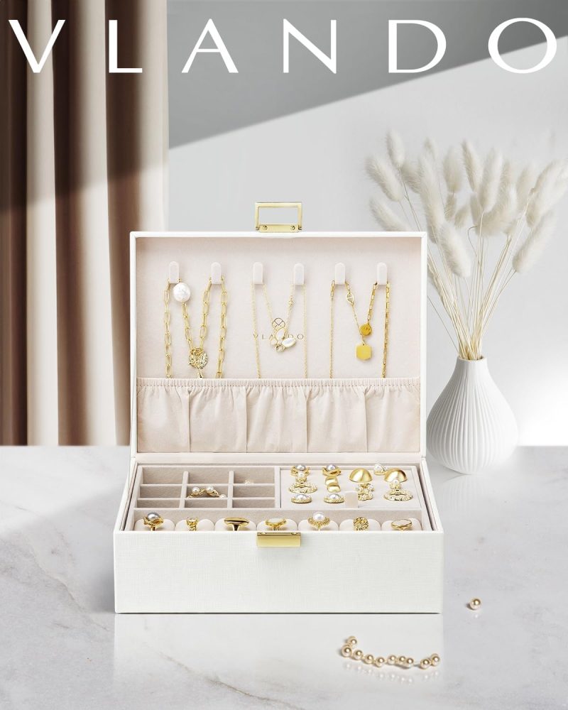 Vlando Jewellery Box, 2 Layer Jewellery Organiser with Removable Tray, Jewellery Storage Case for Necklace,Bracelets, Earring...