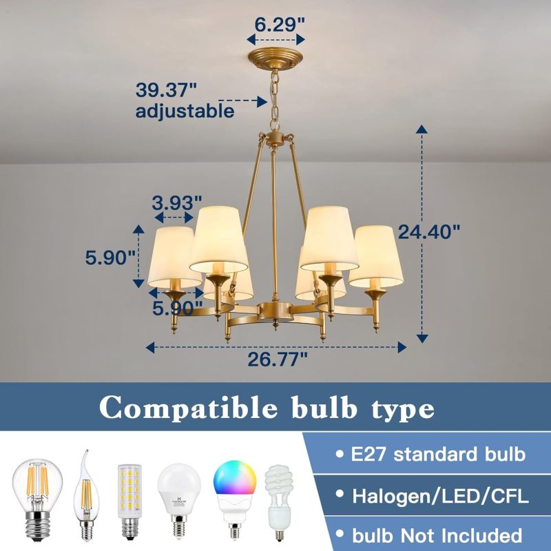 Gold Wagon Wheel Chandelier with White Linen Fabric Shade 6 Light Farmhouse Ceiling Light Fixture 26.77in Large Hanging Penda...