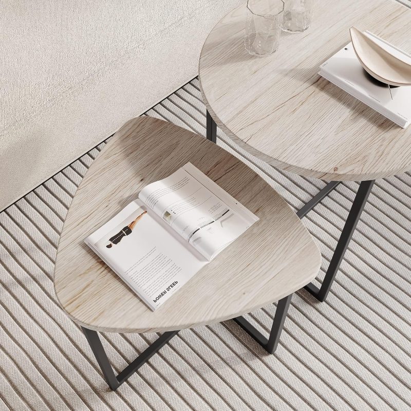 Round Coffee Table Set of 2 Small Coffee Table Living Room Tables,Metal Frame with Wood Side Table,Sofa Tea Table for Small S...