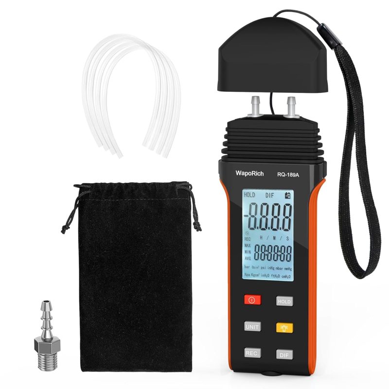 Manometer Gas Pressure Tester RQ-189A, Differential Pressure Gauge Digital Dual Port Air Pressure Meter for HVAC with 11 Meas...