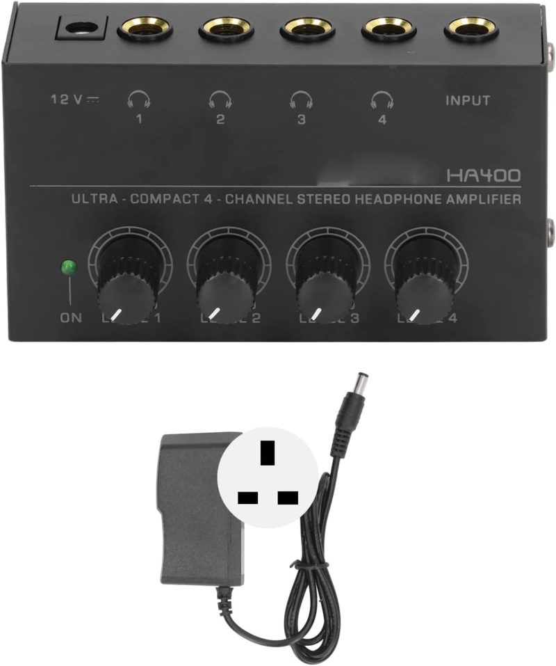 HERCHR Headphone Amplifier, HA400 Ultra Compact 4 Channel Stereo Headphone Amplifier Low Noise Earphone Amplifier 100‑240V ...