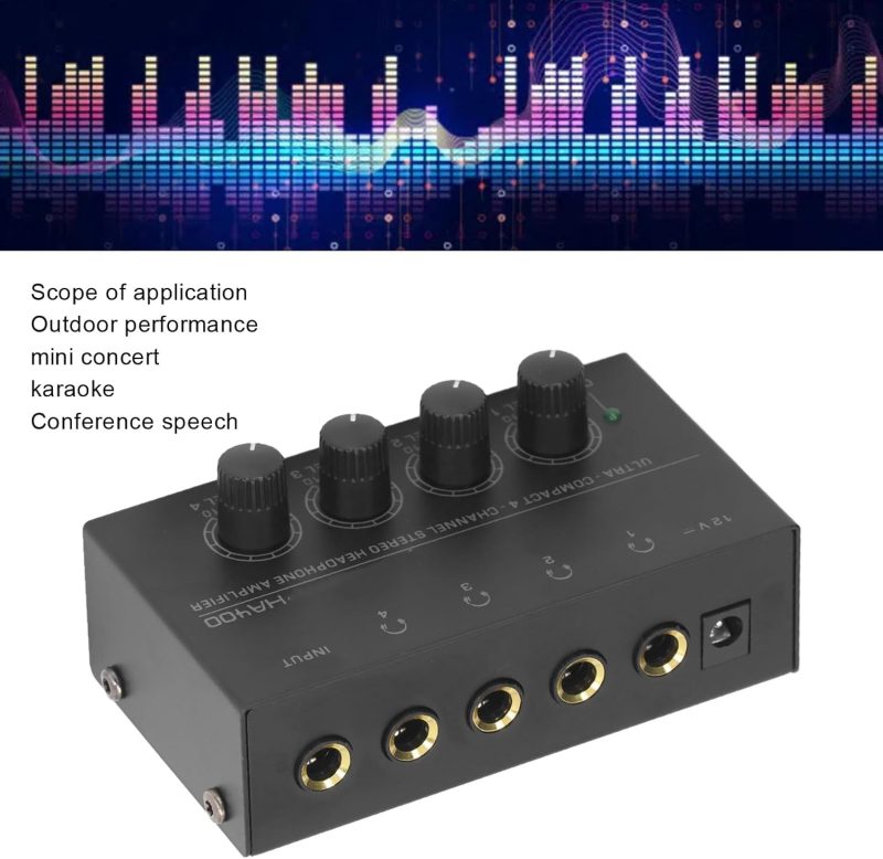 HERCHR Headphone Amplifier, HA400 Ultra Compact 4 Channel Stereo Headphone Amplifier Low Noise Earphone Amplifier 100‑240V ...