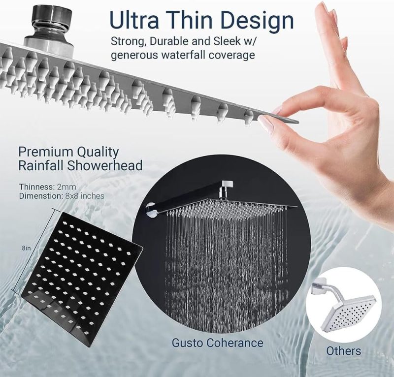 Rainfall Shower Head 8 inch Square Fixed Overhead Showerhead with Angle Adjustment Stainless Steel Silver, Chrome Finish Remo...