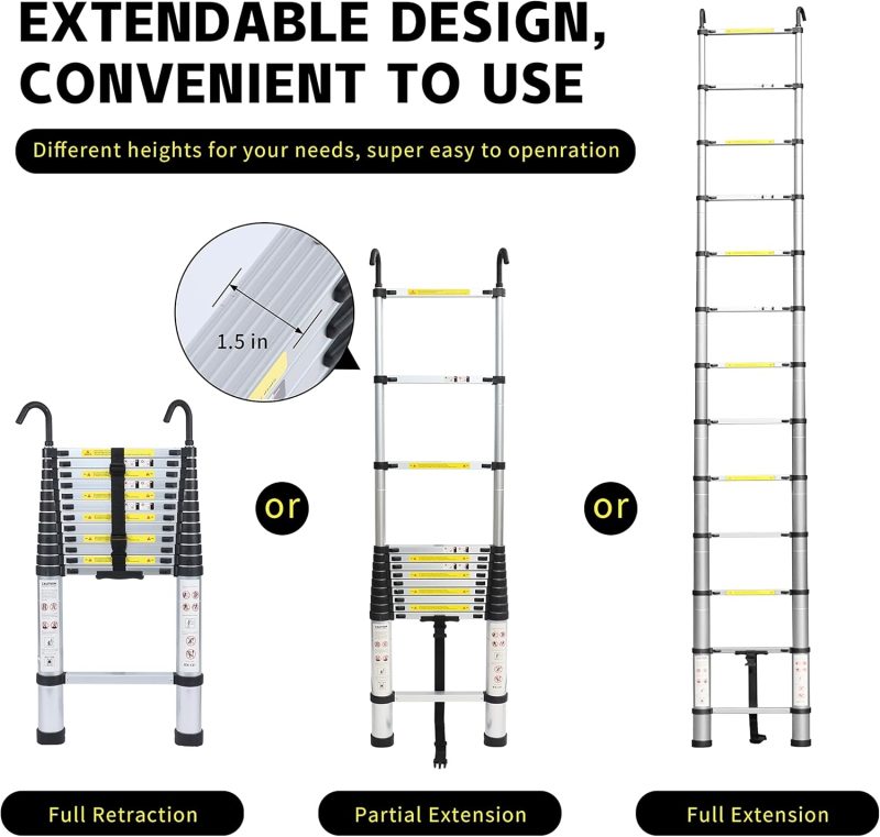 Telescopic Ladder 2.6M / 8.5FT Multi-Purpose Aluminium Loft Ladder Extendable, Collapsible and Portable, Max Load 150kg/330lb...