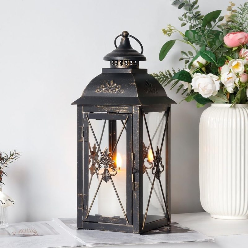 TRIROCKS Decorative Hanging Lantern 34 cm High Vintage Metal Candle Holder with Tempered Glass Perfect for Living Room Garden...