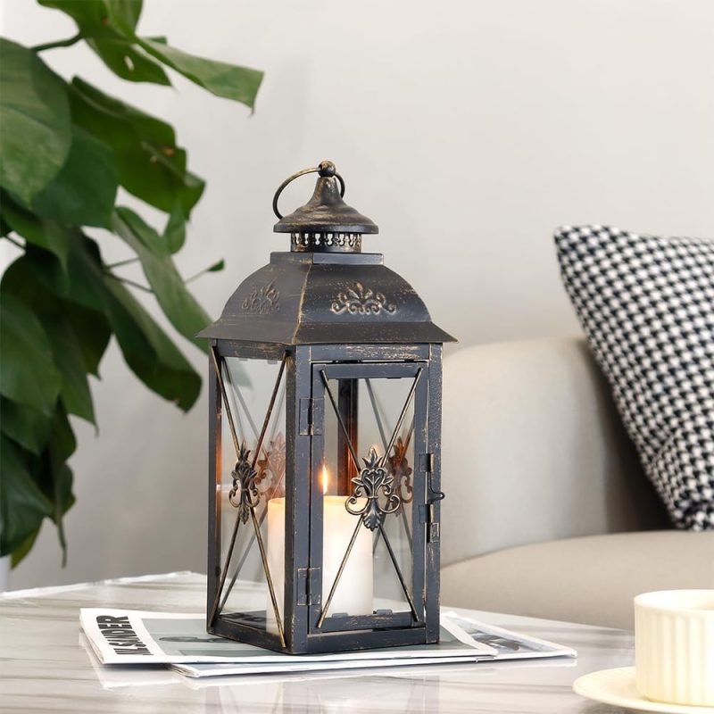 TRIROCKS Decorative Hanging Lantern 34 cm High Vintage Metal Candle Holder with Tempered Glass Perfect for Living Room Garden...