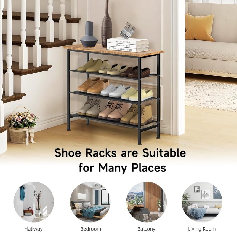 isightguard Shoe Rack 4 Tier Shoe Storage Rack with Wooden Top, Shoe Organiser for 12-16 Pairs of Shoes, Shoe Shelves for Fla...
