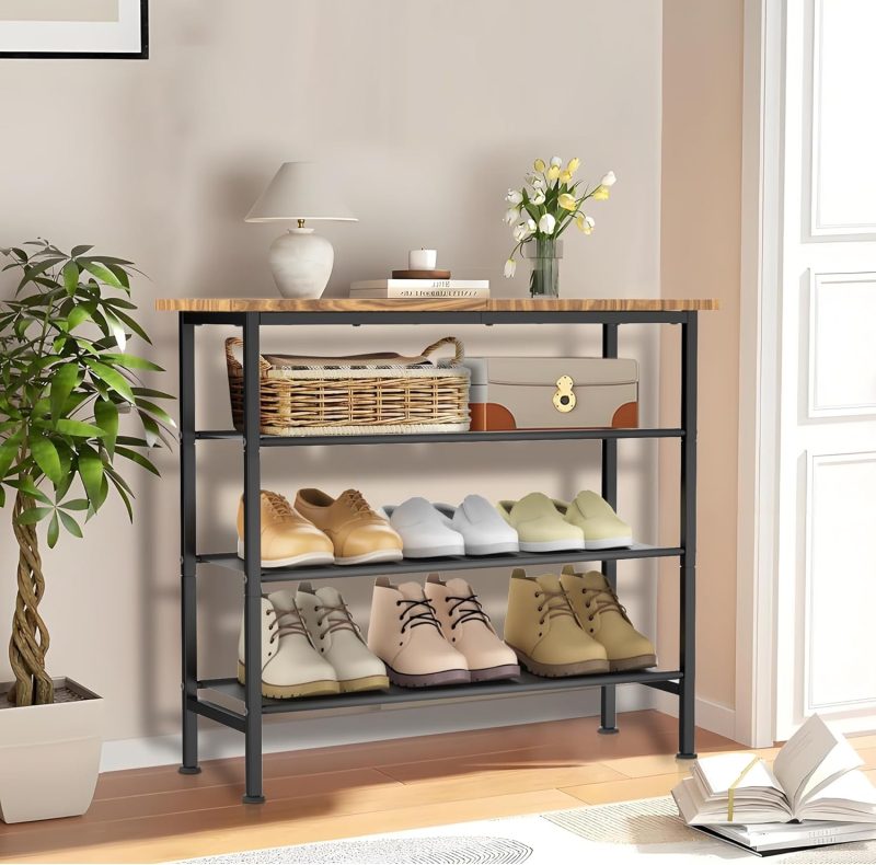 isightguard Shoe Rack 4 Tier Shoe Storage Rack with Wooden Top, Shoe Organiser for 12-16 Pairs of Shoes, Shoe Shelves for Fla...