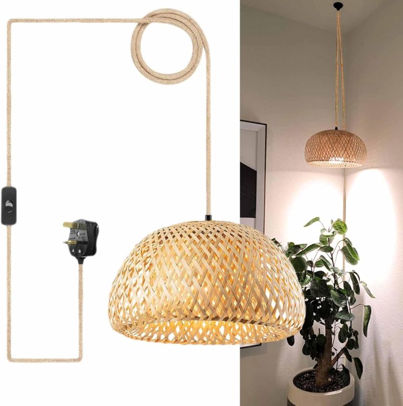 3m Rattan Plug-in Pendant Light with Twisted Hemp Rope Cord Bamboo Lantern Lampshade Hanging Light Fixture, Boho Handmade Wov...