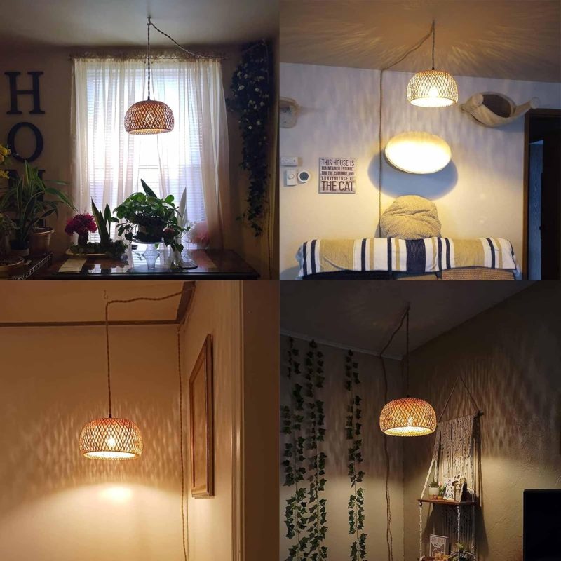 3m Rattan Plug-in Pendant Light with Twisted Hemp Rope Cord Bamboo Lantern Lampshade Hanging Light Fixture, Boho Handmade Wov...