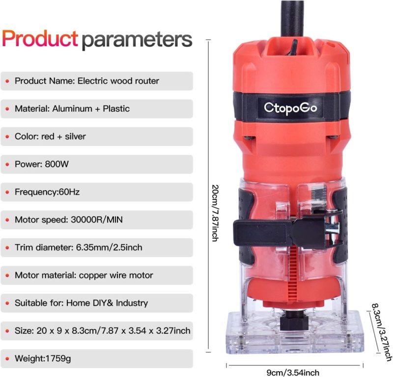 Compact Wood Palm Router Tool Hand Edge Trimmer Woodworking Joiner Cutting Palmming Tool 30000R/MIN 800W 220V with 12PCS 1/4&...