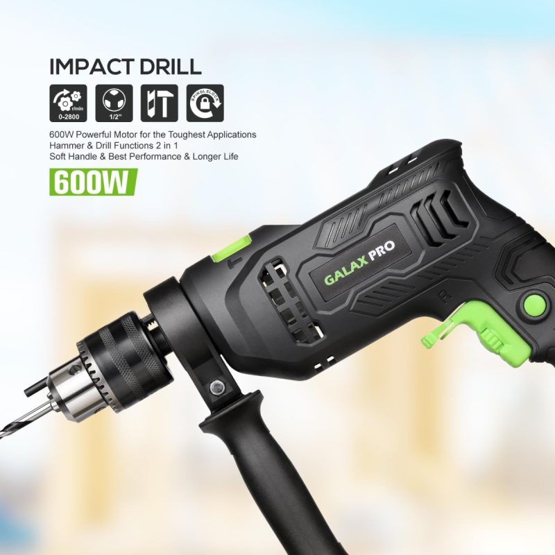 Hammer Drill 600W Electic Corded Drill, 13mm Metal Chuck, 0-3000RPM, Powerful Variable Speed for Drilling in Wood, Soft Metal...