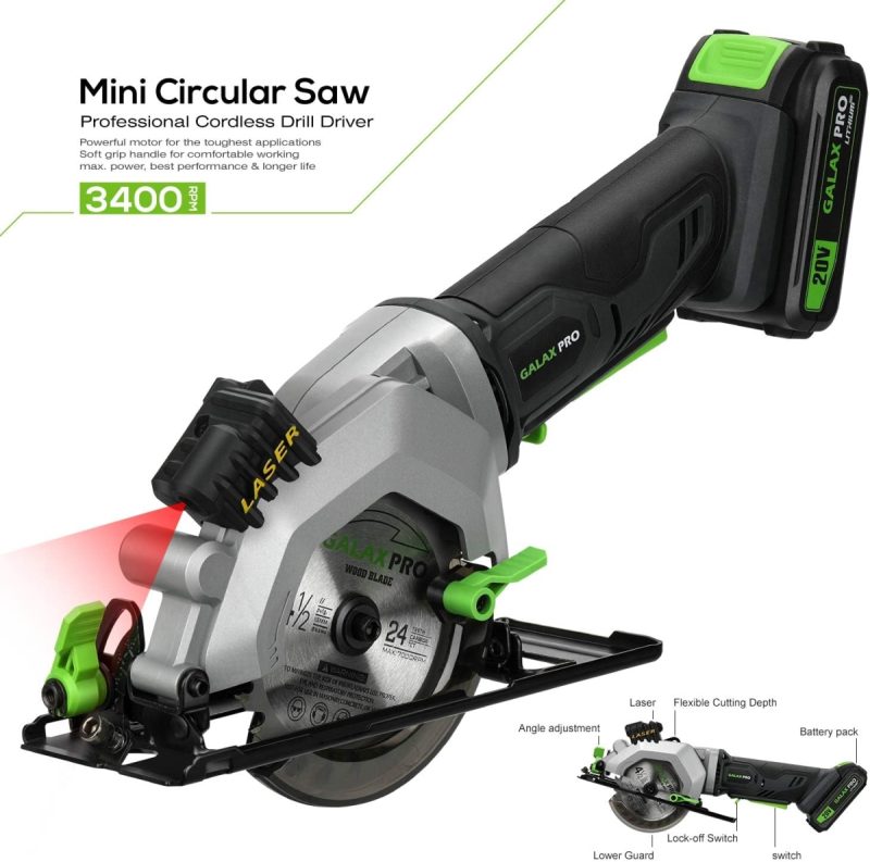 Cordless Mini Circular Saw 20V 3400RPM Professional Cordless Circular Saw, Adjustable Angle and Depth,Max Cutting Depth 42.8m...
