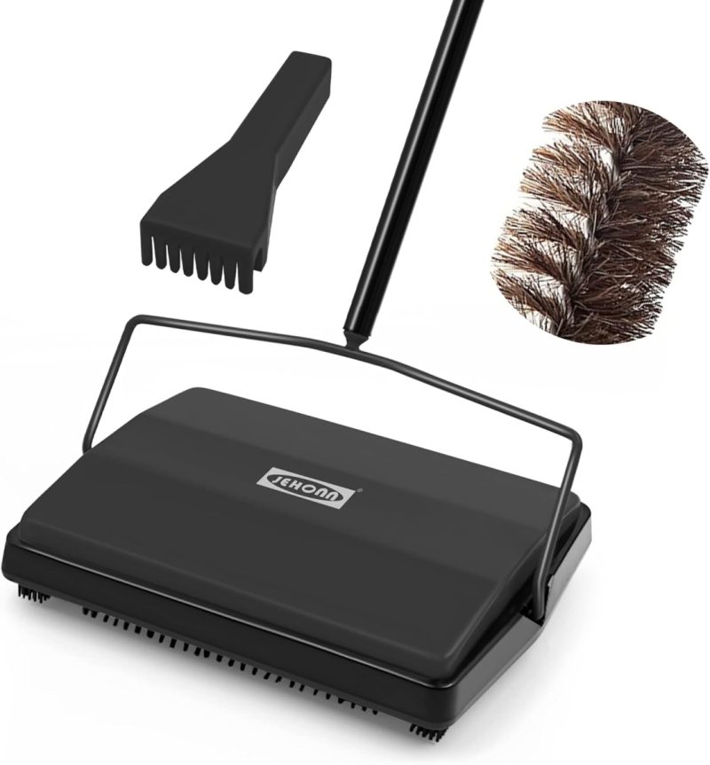 Carpet Floor Sweeper Manual with Horsehair, Non Electric Quite Rug Roller Brush Push for Cleaning Pet Hair, Loose Debris, Lin...