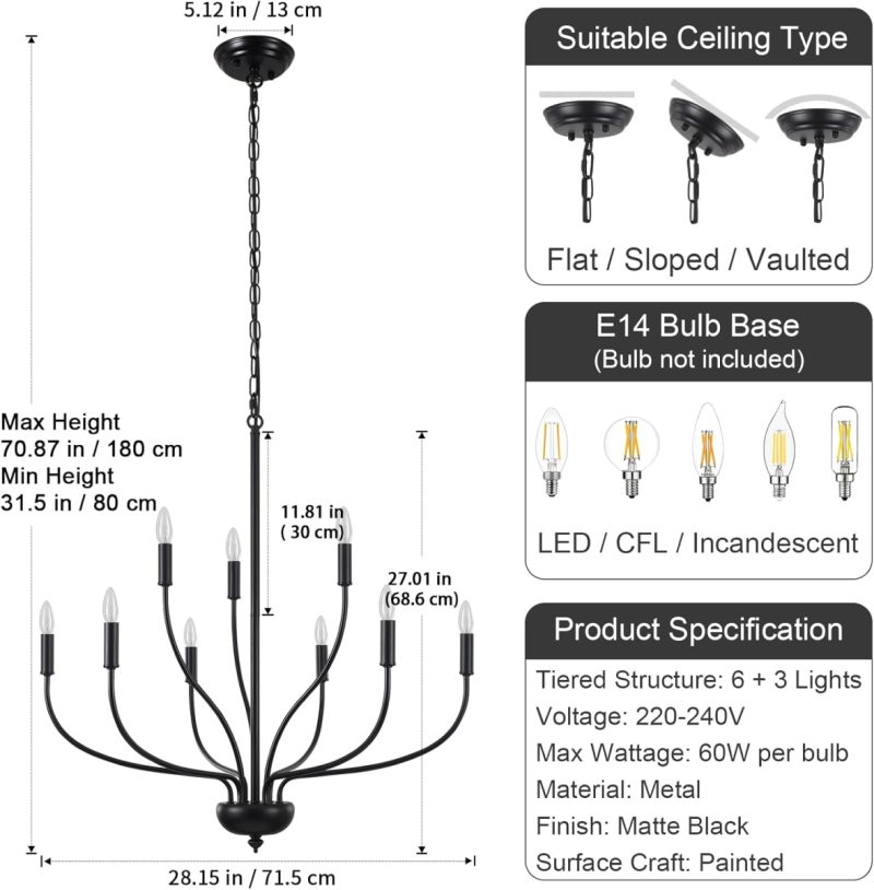 Black Chandelier 9 Lights Chandeliers Ceiling Light, 28.15" Large Chandelier, 2-Tier Black Chandeliers Ceiling Lights fo...
