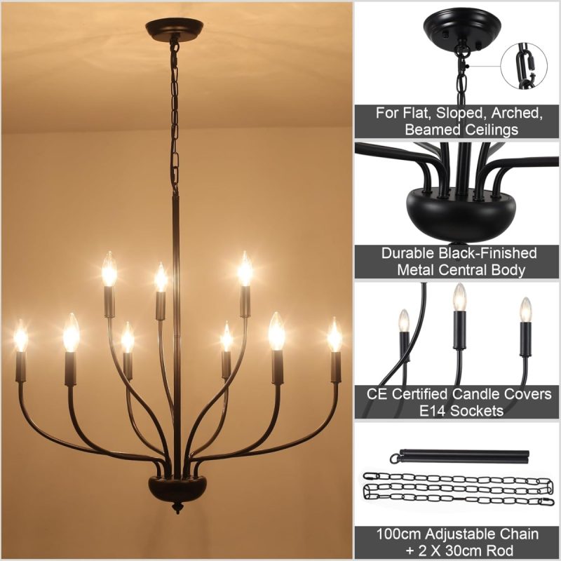 Black Chandelier 9 Lights Chandeliers Ceiling Light, 28.15" Large Chandelier, 2-Tier Black Chandeliers Ceiling Lights fo...