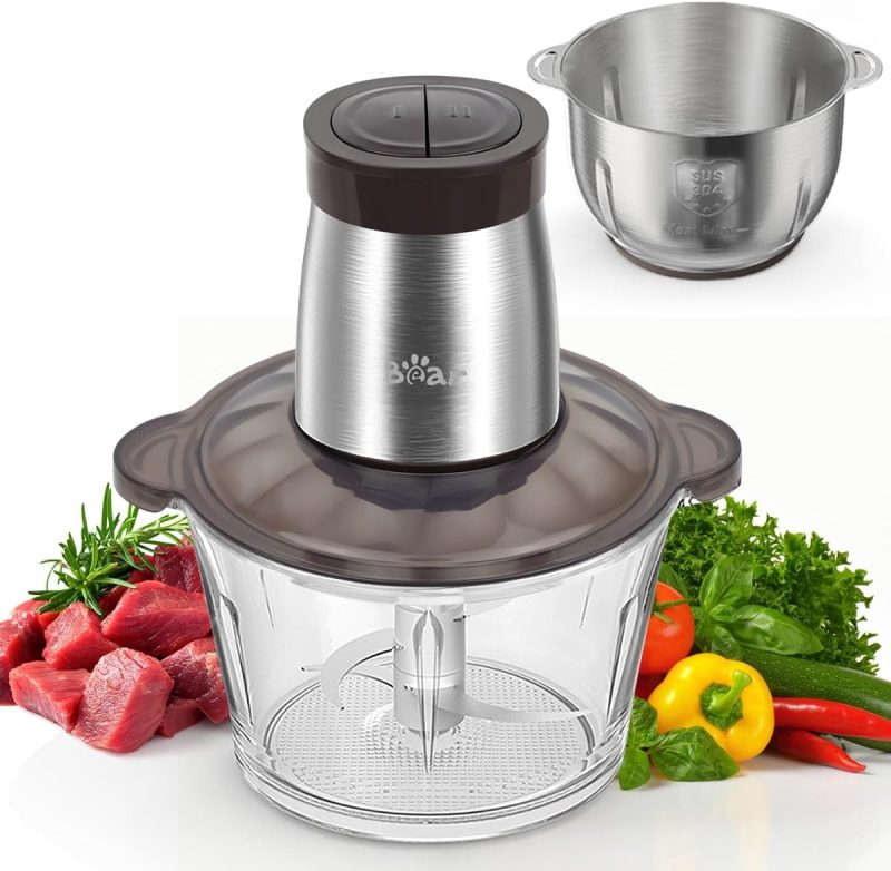 Bear 2L+1.8L 600W Electric Food Processor & Chopper with Glass Container and 304 Stainless Steel Container, 2 Speed Setti...