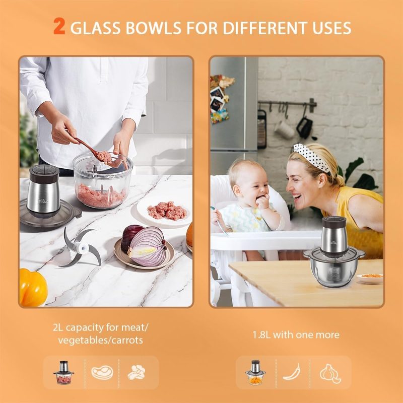 Bear 2L+1.8L 600W Electric Food Processor & Chopper with Glass Container and 304 Stainless Steel Container, 2 Speed Setti...