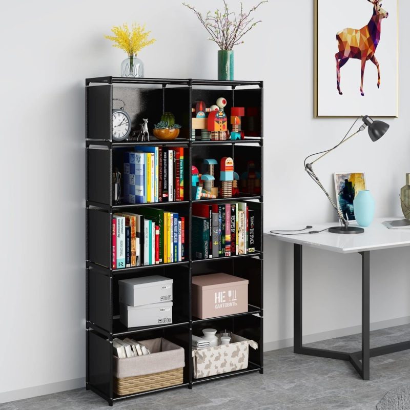 6-Tiers Portable Bookshelf with Fabric Cloth at Back, 10 Cube Closet Storage Organiser Bookcase, Living Room,Study Room,Bedro...