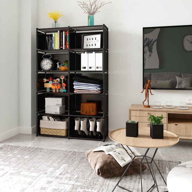 6-Tiers Portable Bookshelf with Fabric Cloth at Back, 10 Cube Closet Storage Organiser Bookcase, Living Room,Study Room,Bedro...