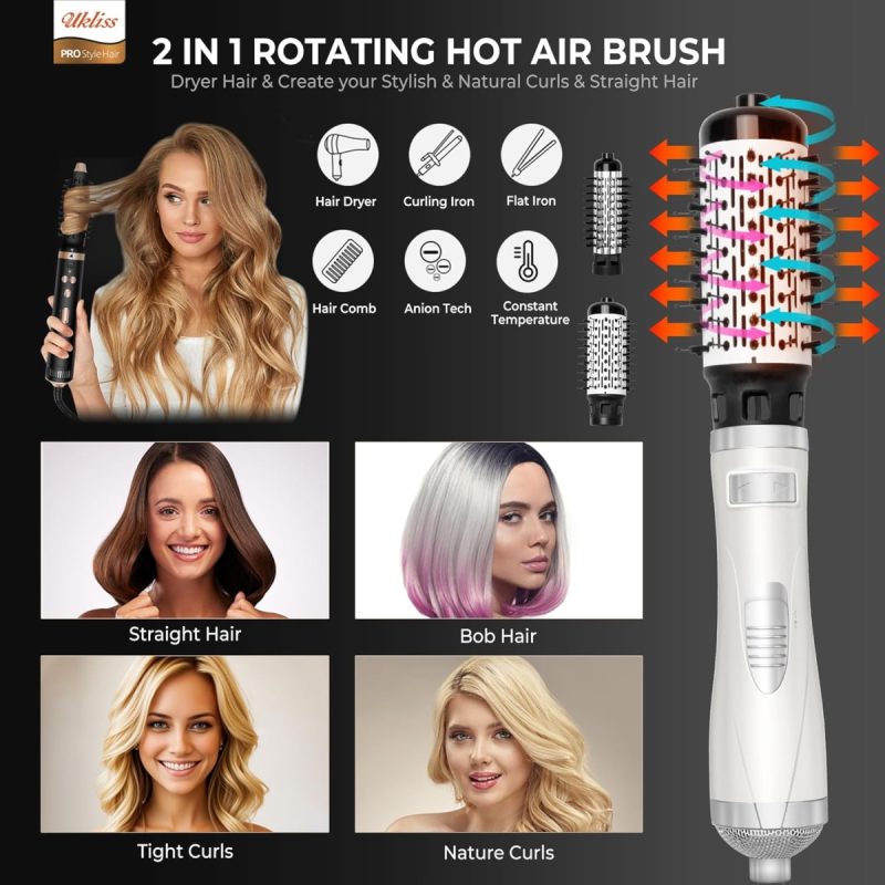 Rotating Hair Dryer Brush Hot Air Styler 2 in 1 with 38mm | 50mm Hair Curling Brush, Hair Dryer for Styling, Heated Brush Hai...