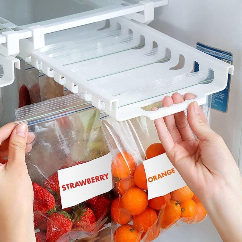 2 Pack Fridge Storage Organizer including rack, resealable bag holder and 10 resealable bags for freezer refrigerator telesco...