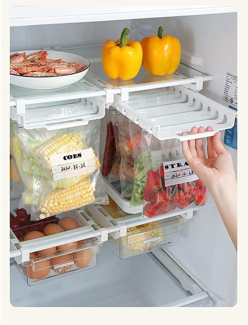 2 Pack Fridge Storage Organizer including rack, resealable bag holder and 10 resealable bags for freezer refrigerator telesco...