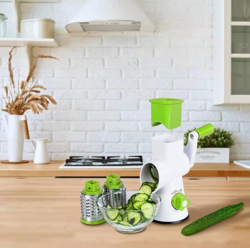 Rotary Cheese Grater - Round Vegetable Mandoline Slicer with 3 Drum Stainless Steel Blades, Dishwasher Safe, Super Vacuum Suc...