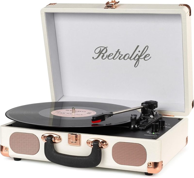 Retrolife Vinyl Record Player with Bluetooth 3-Speed Suitcase Portable Belt-Driven Record Player with Built-in Speakers RCA L...