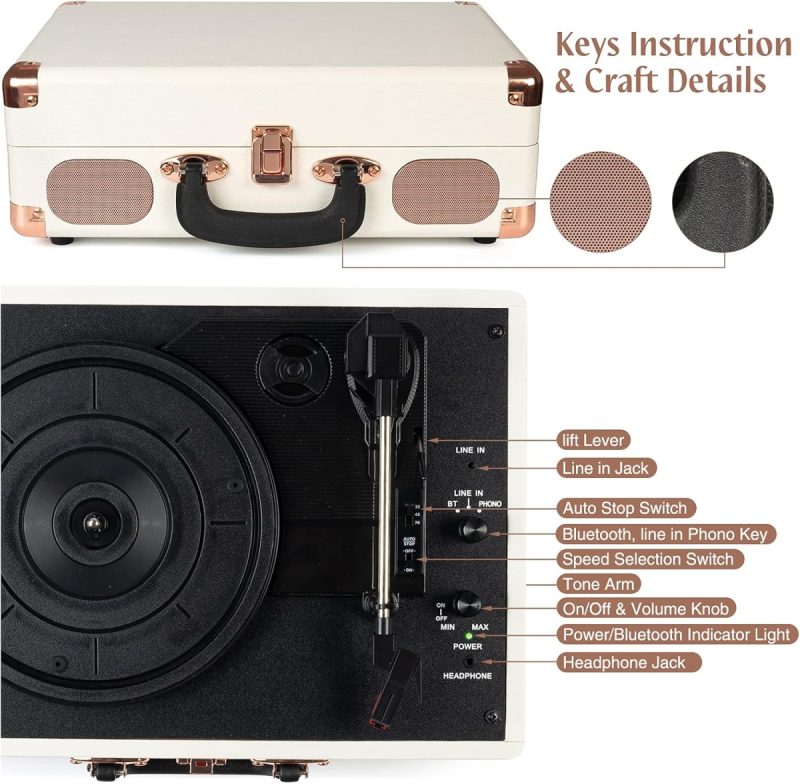 Retrolife Vinyl Record Player with Bluetooth 3-Speed Suitcase Portable Belt-Driven Record Player with Built-in Speakers RCA L...