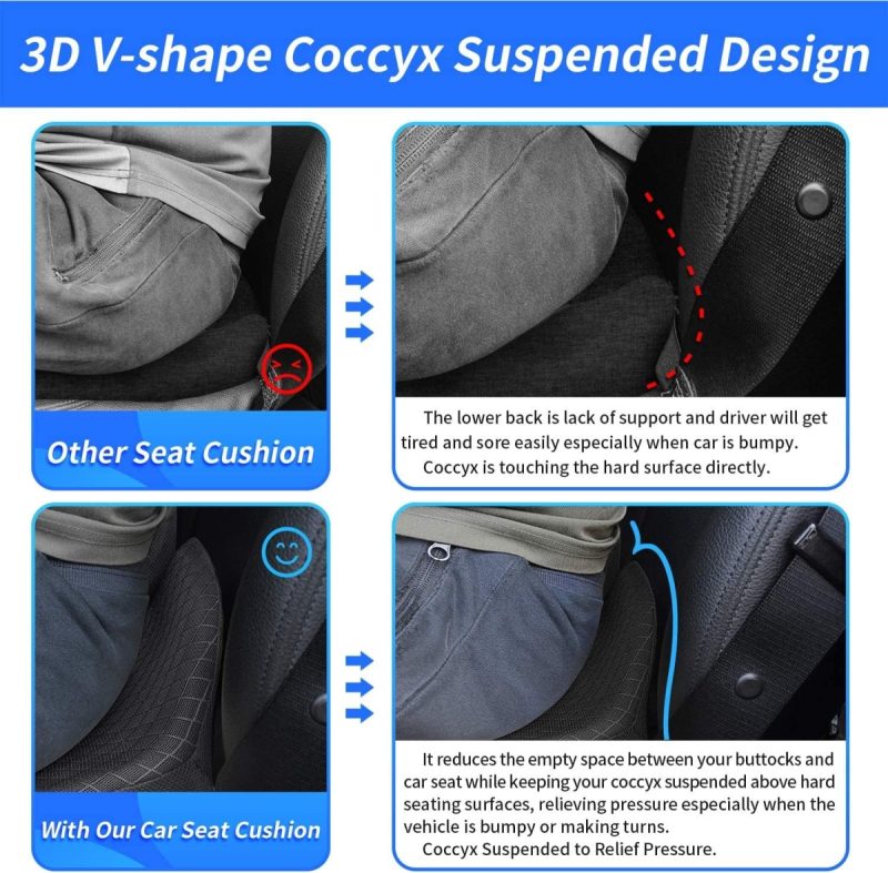 Memory Foam Car Seat Cushion - Back & Tailbone Pain Relief Pad With Non-Slip Base & Extra Cover