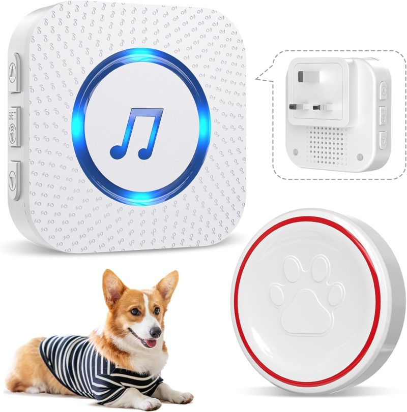 689368ba6c1f4030160fb43b6225ebafe3e798ea5bccc1b66ebdd.jpg Wireless Dog Training Doorbell – 55 Tones, 5 Volume Levels, Receiver Included, Easy Pet Potty Training Aid