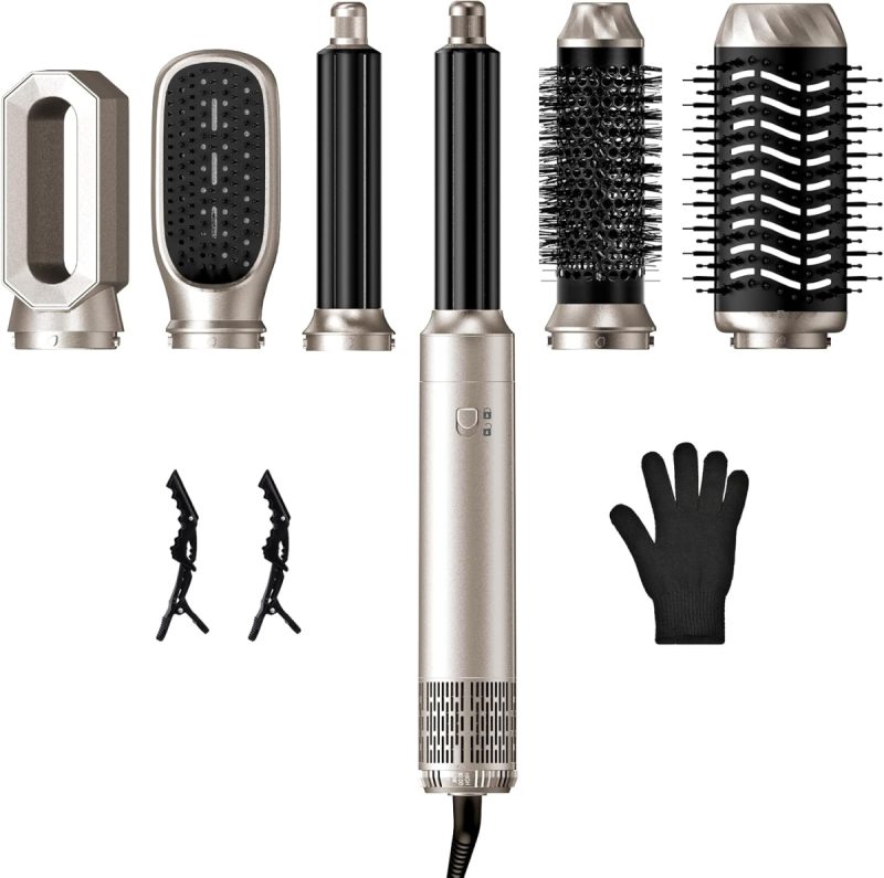 6 in 1 Hot Air Styler – 1000W Hair Dryer Brush with Curl, Straighten, Volumise, Smooth, Blow Dry & Auto Curl Attachments for All Hair Types