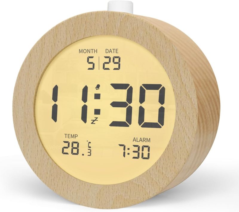 Wooden Digital Alarm Clock – Silent LCD Clock with Backlight, Temperature, Date Display, Snooze Function & Battery Powered for Bedrooms