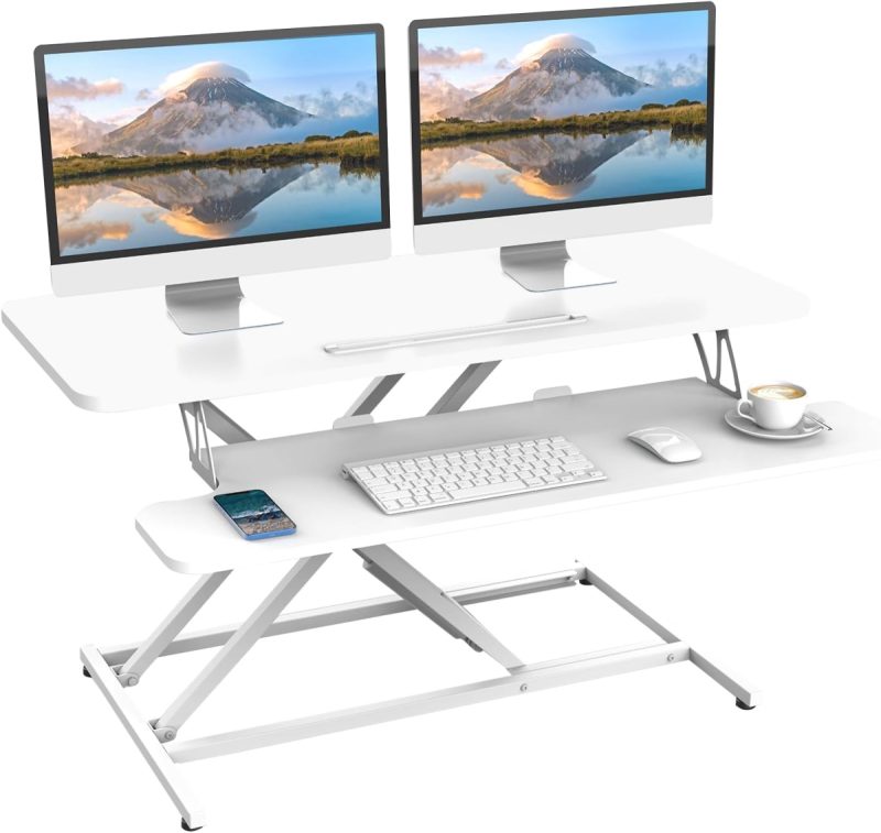 68a6e27173de8e62dfe1fa5446b8f2abae4b314c4e5a1031f61d1.jpg Standing Desk Converter 36″ – Ergomaker Adjustable Sit Stand Desk Riser, 91 cm Work Surface, Gas Spring Lift, 15 kg Capacity, X-Frame, 3-Year Warranty