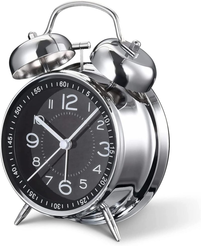 Silent Non-Ticking Analogue Alarm Clock – 4″ Retro Twin Bell Metal Clock, Batter