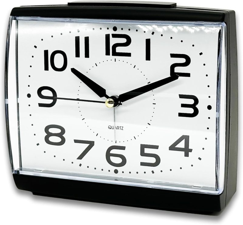 Silent Non-Ticking Analogue Alarm Clock – Large A5 Art Deco Design, Battery Operated with Night Light & Snooze for Bedside or Decor