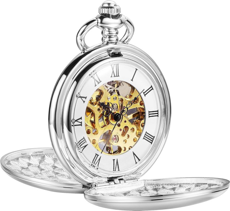 Skeleton Mechanical Pocket Watch – Hand-Winding 17-Jewel Steampunk Timepiece with Double Cover, Vest Chain & Engravable Case