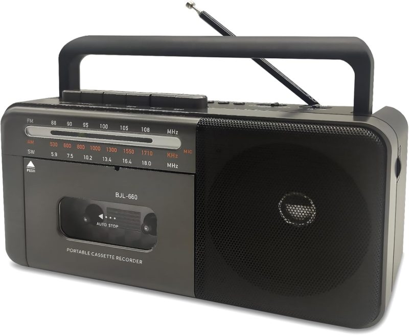 Cassette Boombox – Tape Recorder & Player with Mic, USB/TF MP3 Support, AM/FM/SW Radio, Stereo Sound, Earphone Jack, AC or Battery Operation
