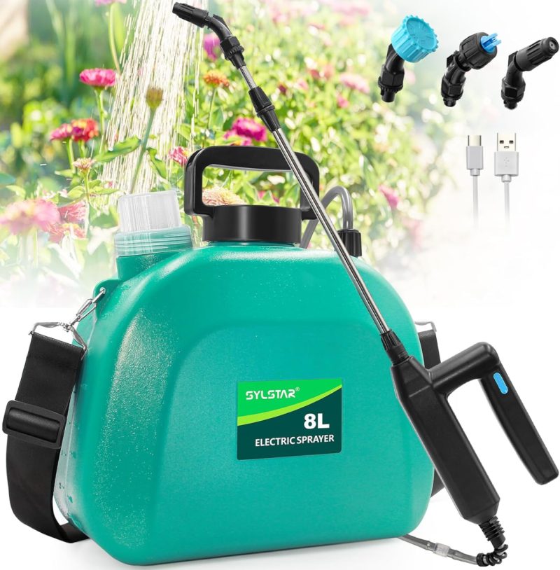 68a86c1539893efedc34fad3e684769659fb16c5b64dac69e0c8c.jpg Rechargeable Garden Sprayer 8L – SYLSTAR Electric Weed Sprayer with USB Charging, 7.4V Pump, 3 Adjustable Nozzles, Wide Fill Opening & Shoulder Strap