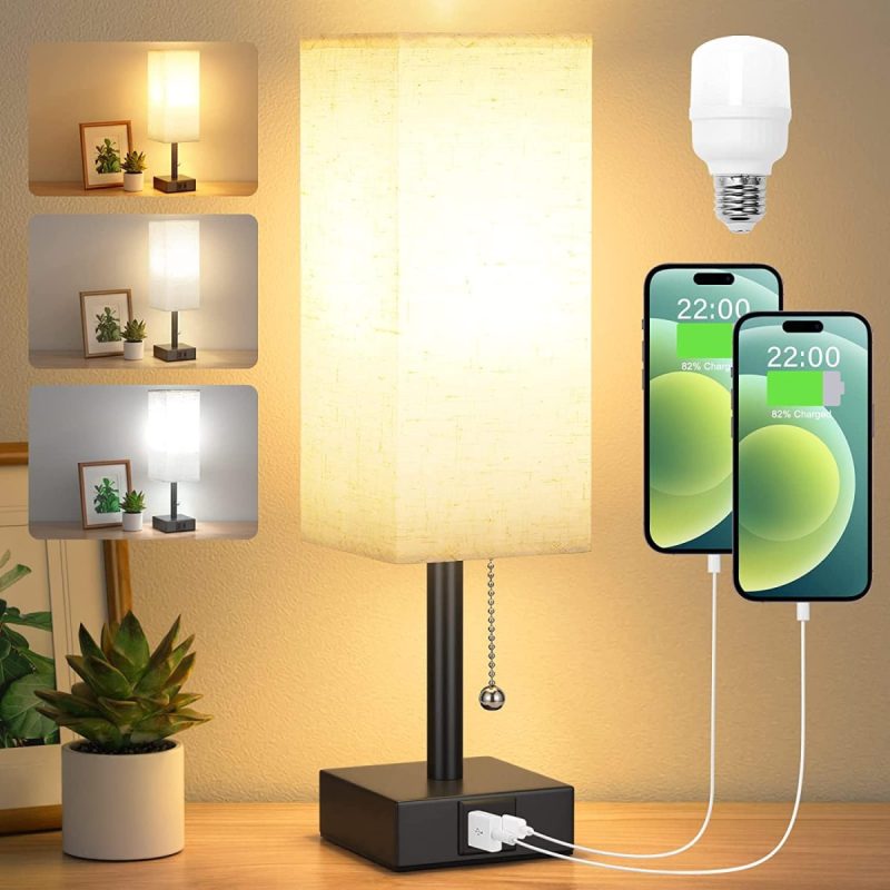 Bedside Lamp with USB Charging Ports and 3 Color Modes – Aooshine Pull-Chain Table Lamp, E27 LED Bulb Included, Warm/Natural/Daylight Light