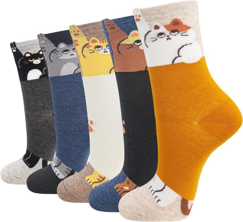 Women’s Socks 2 Packs of 5 – DiaryLook Funny Cute Animal Cat Dog Cotton Casual Ladies Socks, Comfortable Everyday Wear & Fun Gift Set for Women