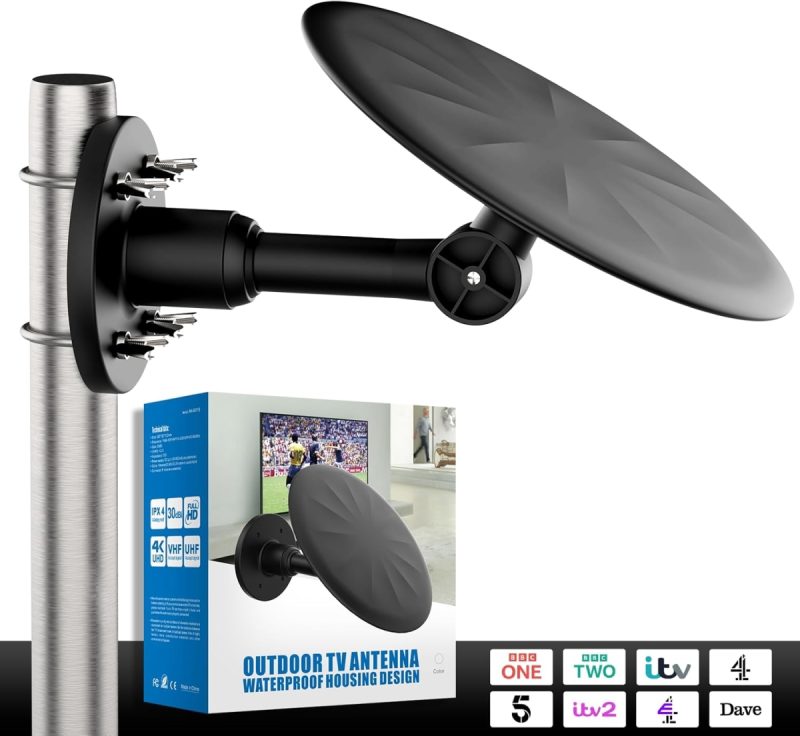 Outdoor TV Aerial – SZKALAK Long Range Smart Digital HD Antenna for Freeview, Supports 4K & 1080p, VHF/UHF, Weather-Resistant Design Ideal for Attic or Outdoor