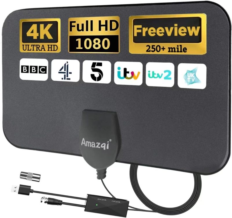 Indoor TV Aerial – Amplified 250-Mile Long Range 4K HD Antenna for Freeview Smart TVs, 360° Reception, Powerful Signal Booster for Reliable Reception